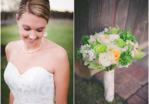 Split image; left side shows a bride in a strapless white gown, smiling while looking down, with a pearl necklace, hair tied back; right side shows a bouquet with white, yellow, and green flowers, wrapped in a white ribbon, resting against a rustic wooden surface. Image