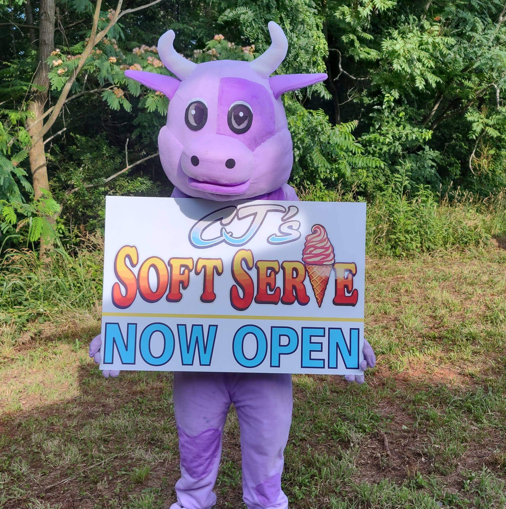 A person in a purple cow mascot costume holds a sign that reads, 
