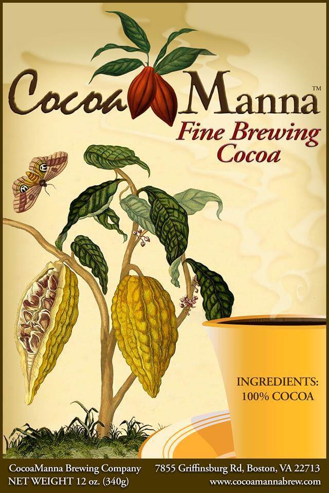 An artistic image of a Cocoa Manna product showing two cocoa pods on a cocoa plant with a butterfly. The text reads 