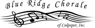 Black and white logo for the Blue Ridge Chorale of Culpeper, Inc. featuring flowing musical notes integrated into a curved staff line. The text 