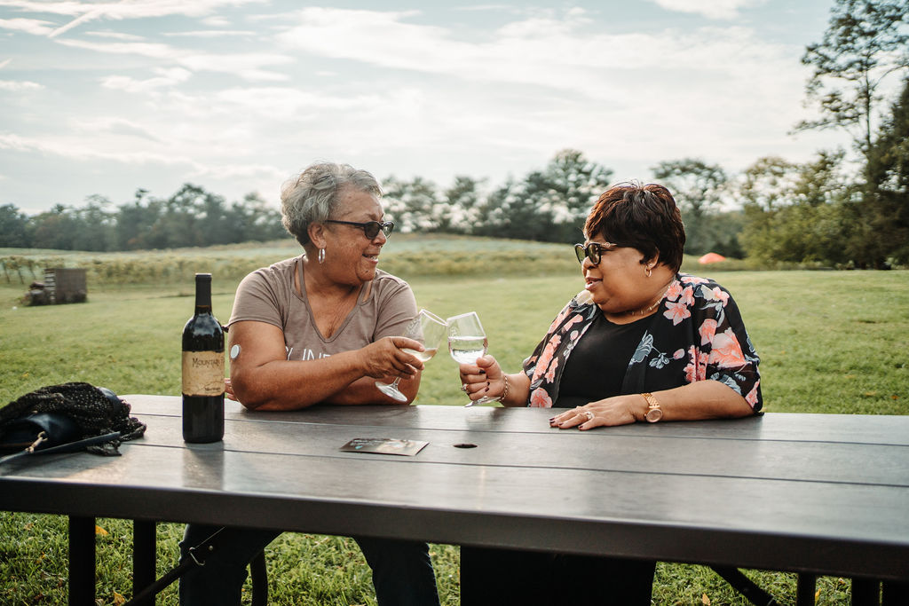 Two women sit at a picnic table in a grassy field, clinking wine glasses and smiling. One bottle of wine is on the table, and both wear sunglasses. Trees and a blue sky are in the background, suggesting a pleasant outdoor setting.