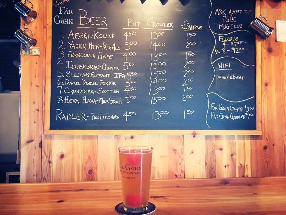 A chalkboard menu lists various beers with prices for pints, growlers, and samples. A filled pint glass is on a wooden counter in front of the menu. The background includes a wooden wall and part of a bar setup with taps.