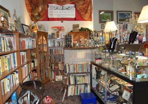 A cozy bookstore with shelves filled with books on the left and a glass display case showcasing jewelry and small items on the right. The walls are decorated with framed pictures and a banner that reads 