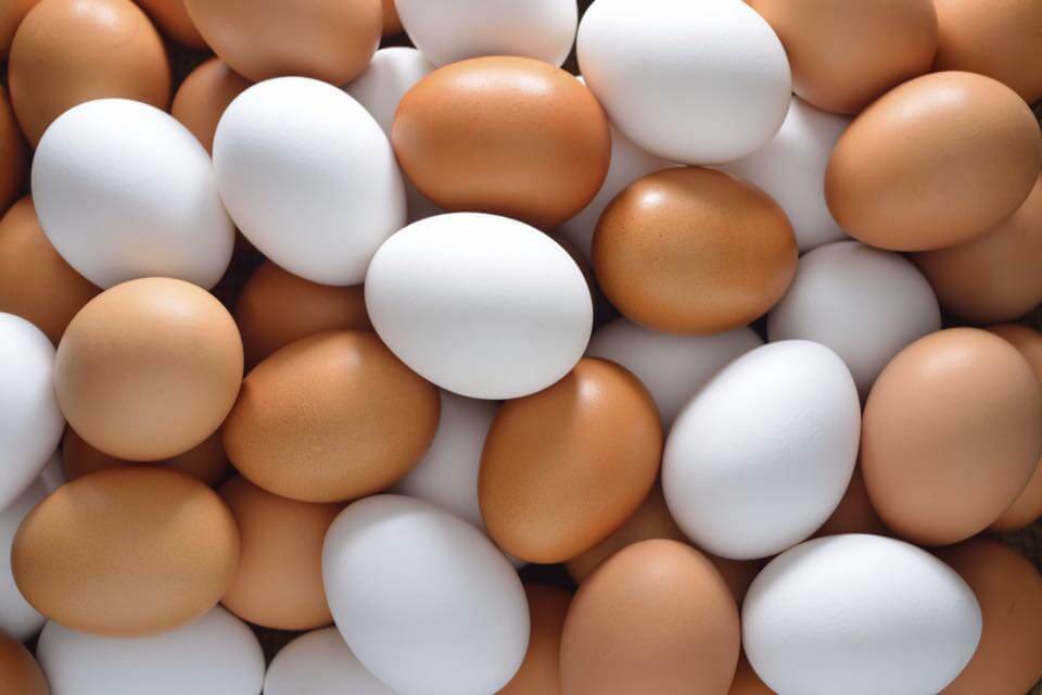 A close-up image showing a pile of brown and white eggs. The eggs are arranged in a way that they overlap each other, creating a visually appealing mix of both colors. The eggs' smooth shells and oval shapes are clearly visible.