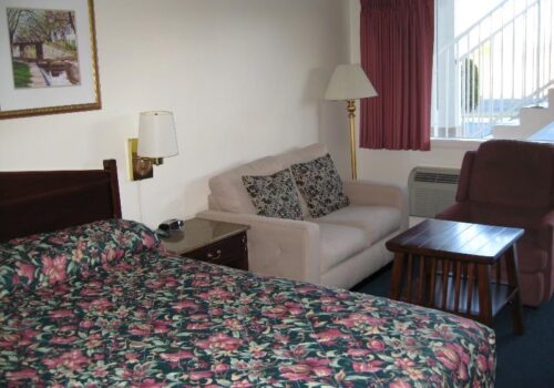 A cozy hotel room features a bed with a floral bedspread, a bedside table with a lamp, a small white couch with patterned pillows, a wooden coffee table, a burgundy armchair, and a painting on the wall. A window with pink curtains allows natural light in. Image