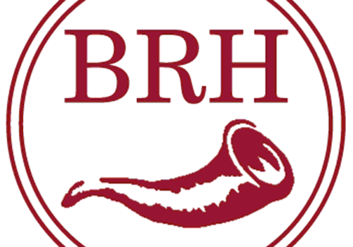 A circular logo with the maroon letters 