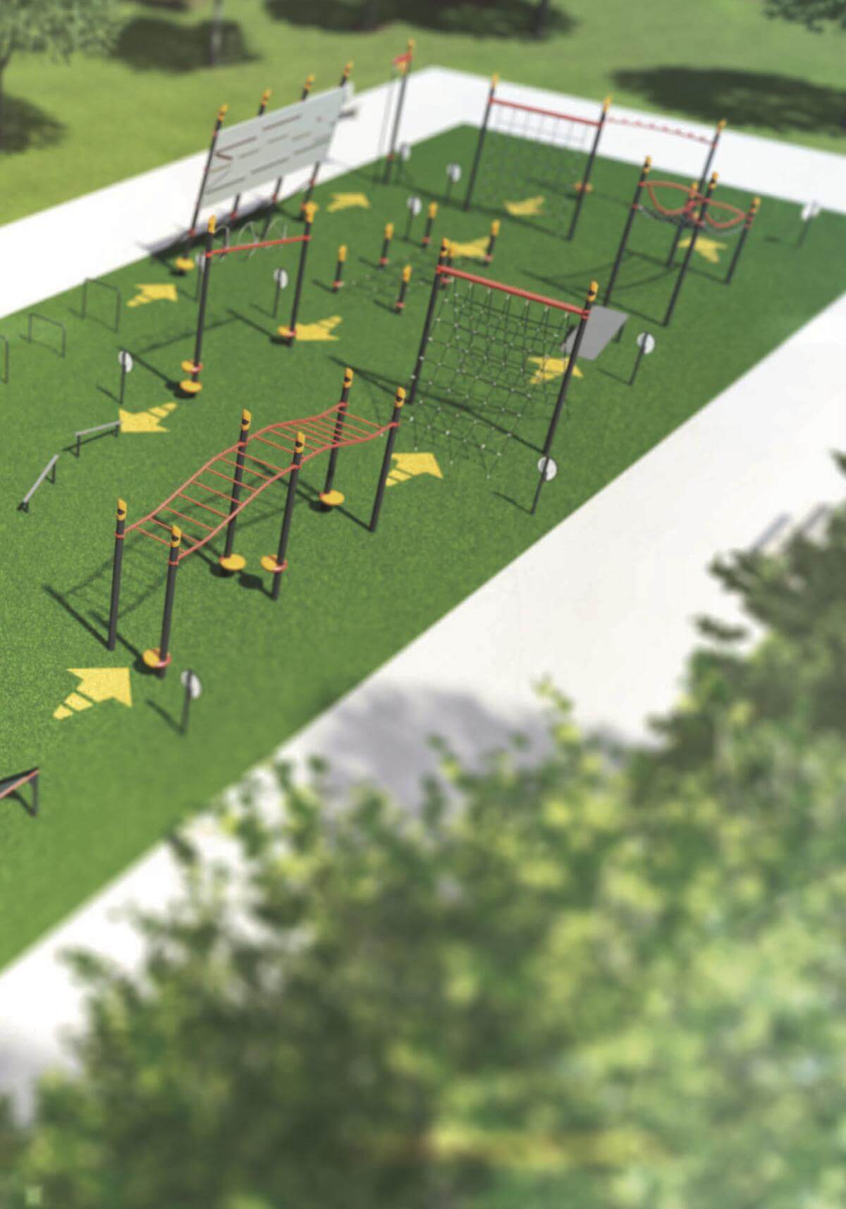Blurred image of an outdoor obstacle course featuring various climbing structures, ropes, nets, and balancing beams. The ground appears to be covered in artificial grass with yellow arrows indicating directions. Some trees are visible in the foreground.
