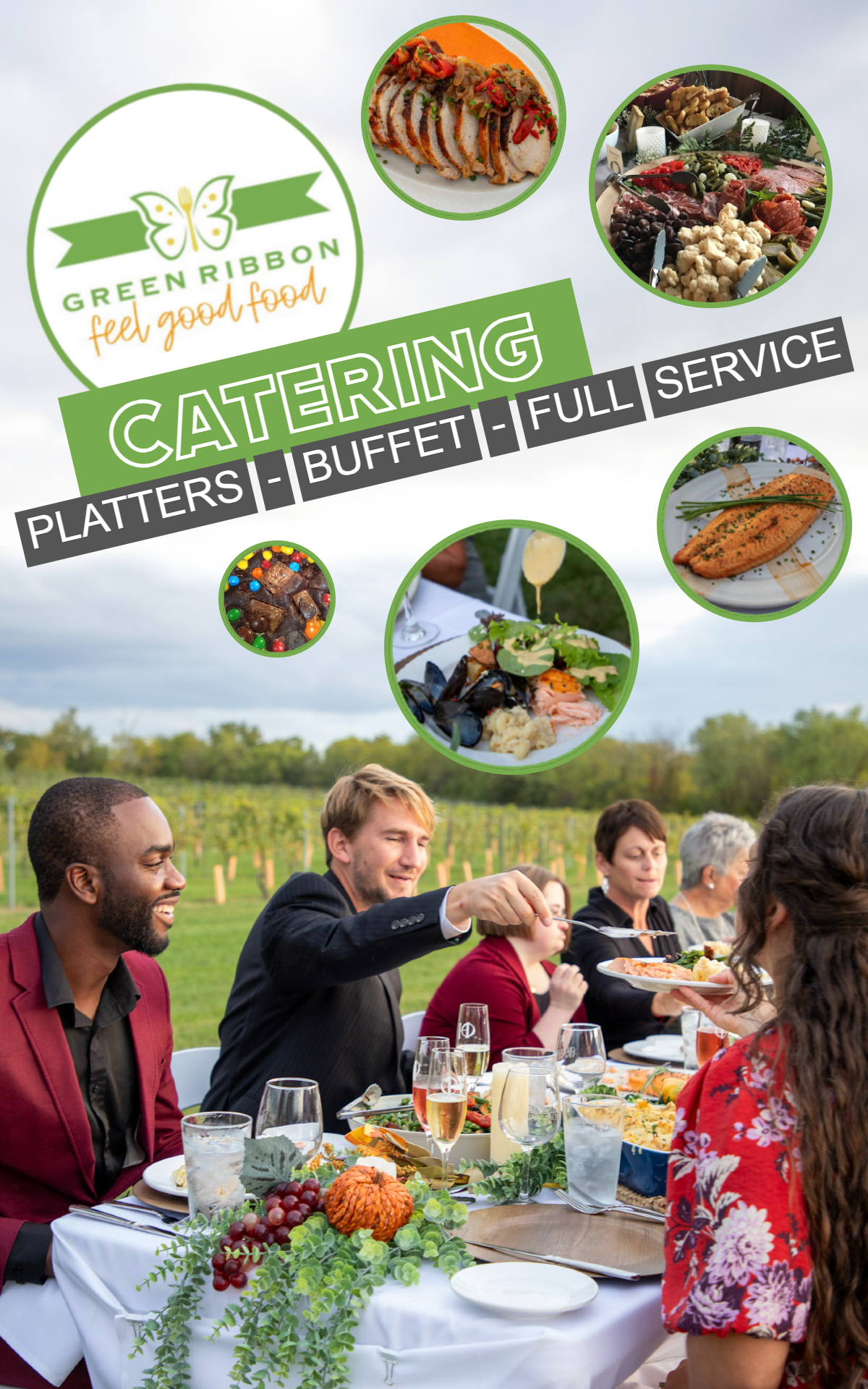 A group of people is seated at an outdoor table, enjoying a meal with various dishes on a white tablecloth. Above, the text reads 