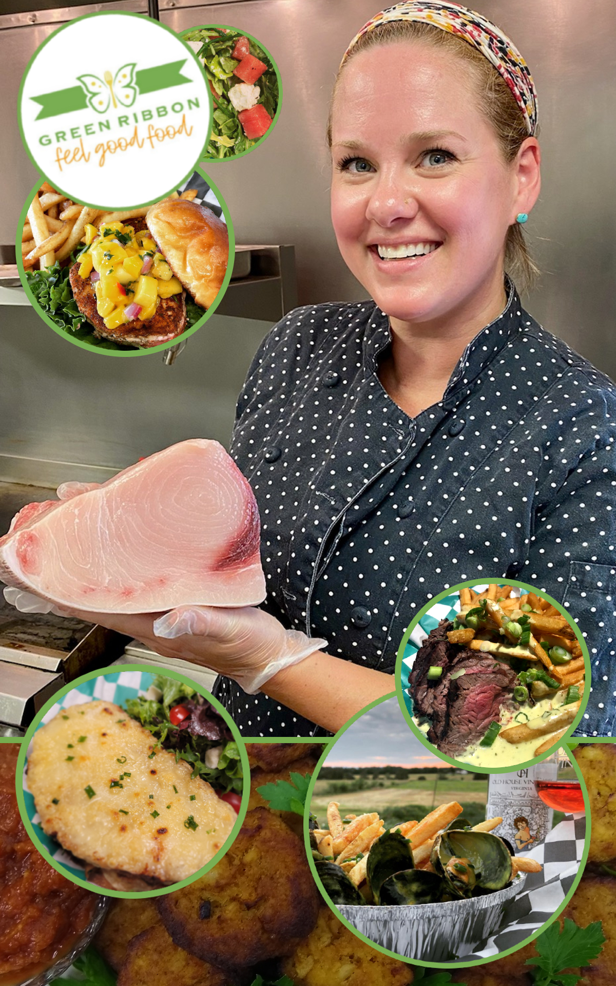 A smiling woman in a dotted chef's outfit holds a cut of raw fish. Surrounding her are images of various dishes, including a burger with pineapple, steak with fries, breaded cutlets, and a seafood platter. The