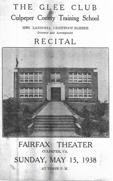 A vintage poster for The Glee Club of Culpeper County Training School's recital at Fairfax Theater in Culpeper, VA, on Sunday, May 15, 1938, at 3 PM. It features Mrs. Landonia Lightfoot Barber as the Director and Accompanist, with an image of a school building.
