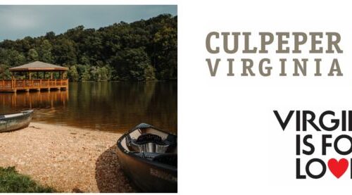 A serene lake scene with canoes on a rocky shore and a wooden gazebo in the background. Text on the right reads, 