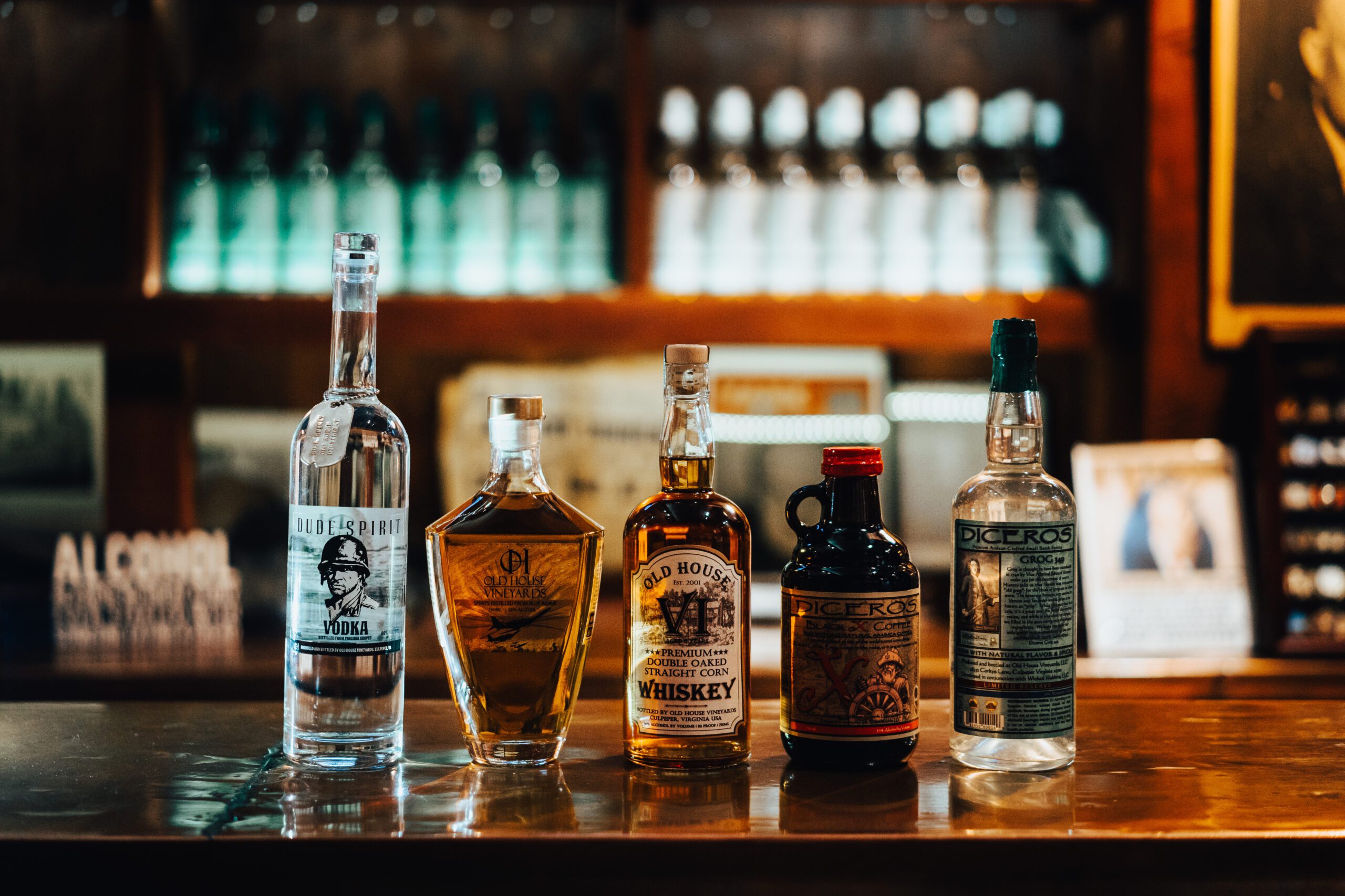 five bottles of spirits