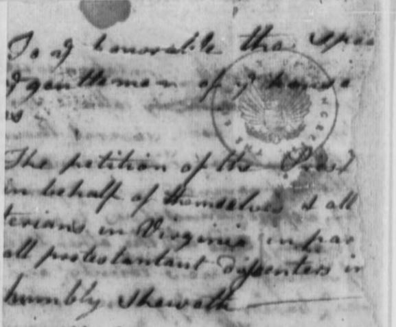 Partial Image 1 of Virginia Presbyterians to Virginia Legislature, 1776, Petition for Freedom of Religious Practice