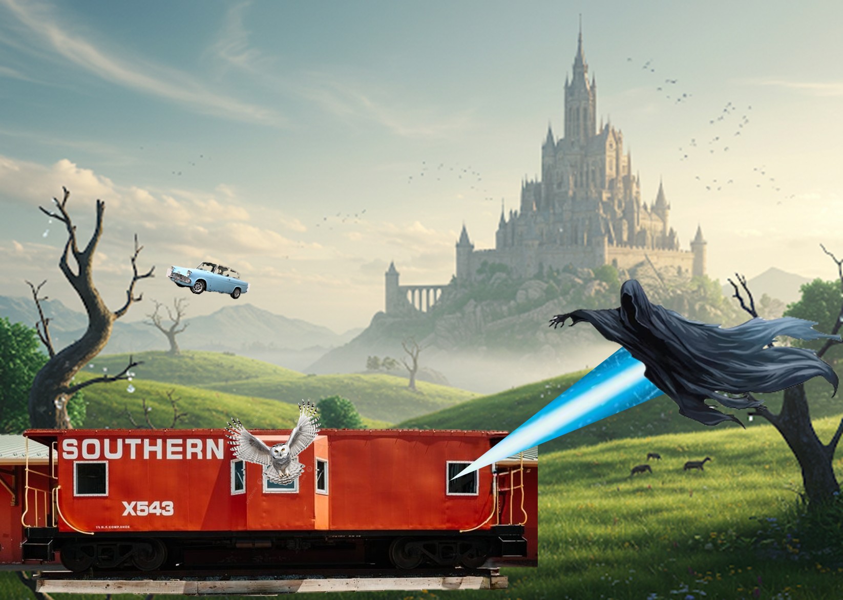 red caboose in front of a make believe wizard world